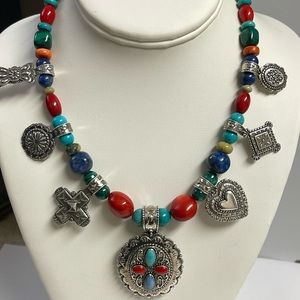 Carolyn Pollack Sterling Silver Charms Turquoise Red Coral Lapis Necklace